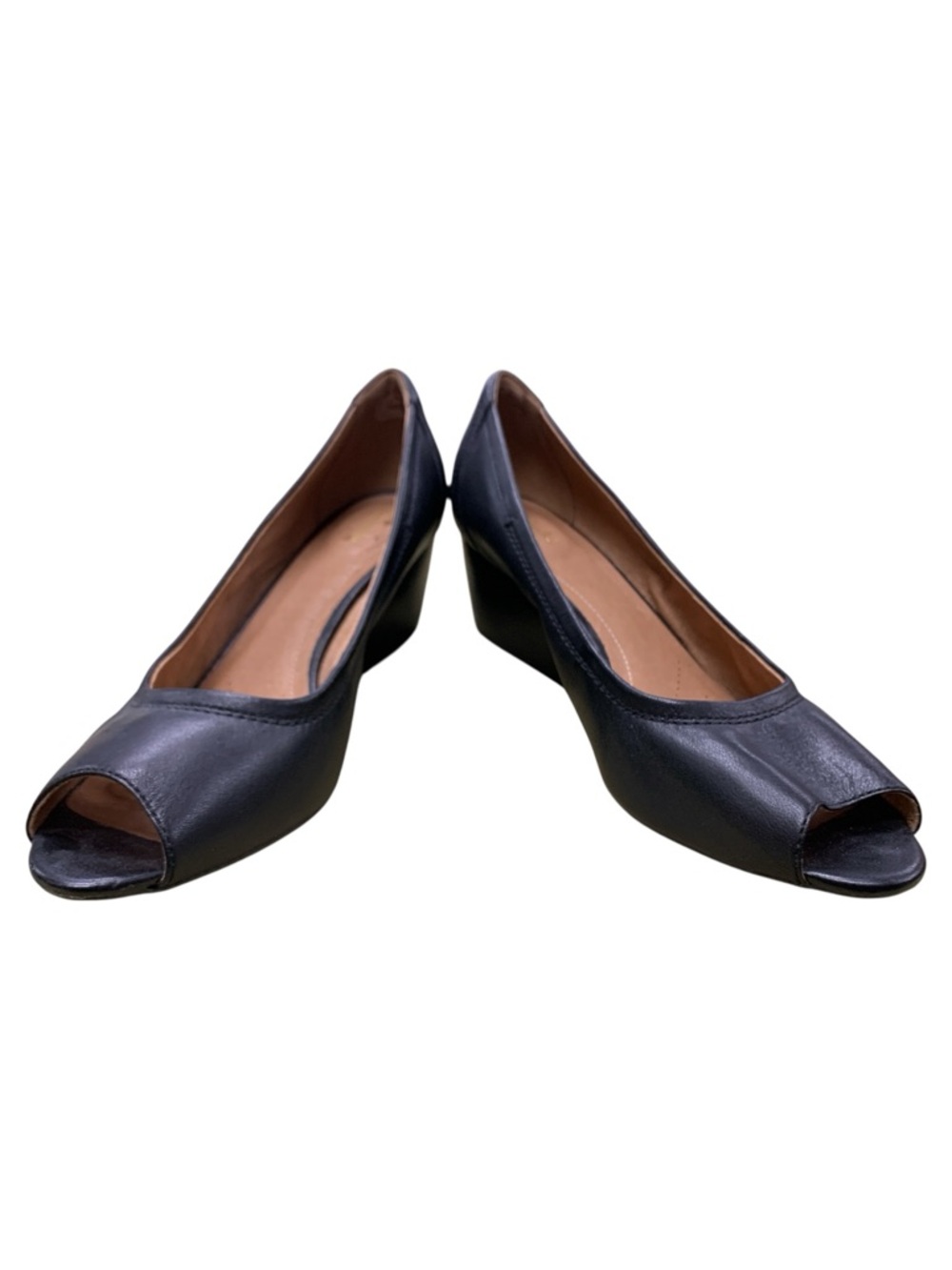 Clarks Black Leather Peep-Toe Low Wedge Pumps S11
